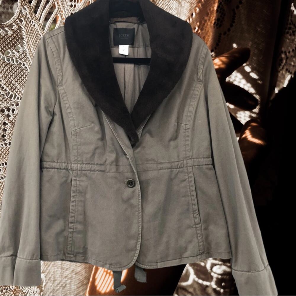 J.Crew Fatigue Coat Sage Green Brown Removable Faux Fur Collar Size 6